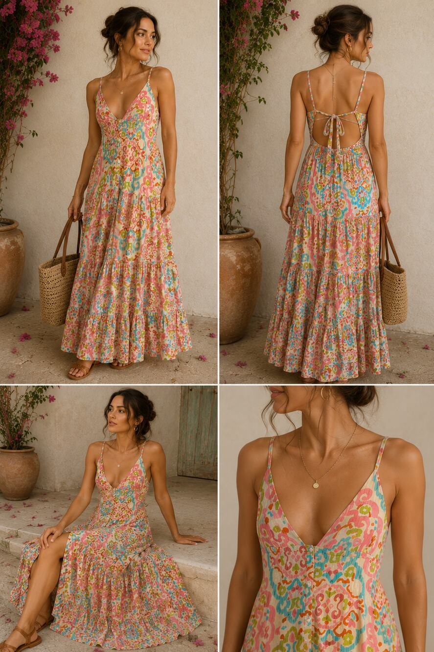 House of Harlow 1960 Tiered Maxi Dress Open Tie Back Floral Boho Cottagecore S